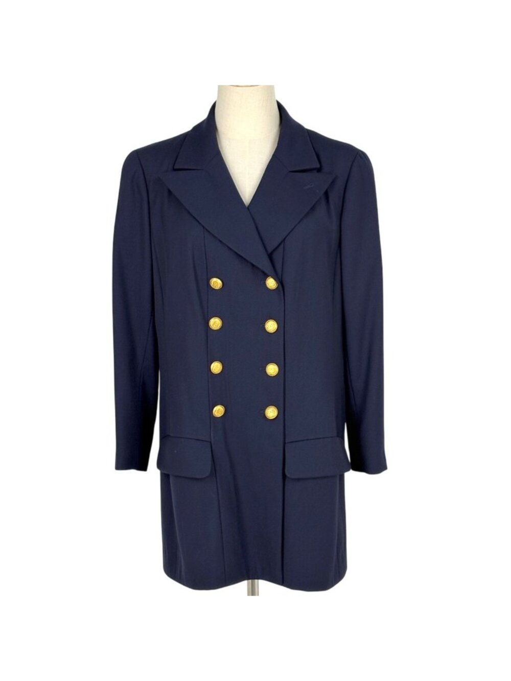 Chanel CC Logo Button Tailored Jacket Outer Wool Navy